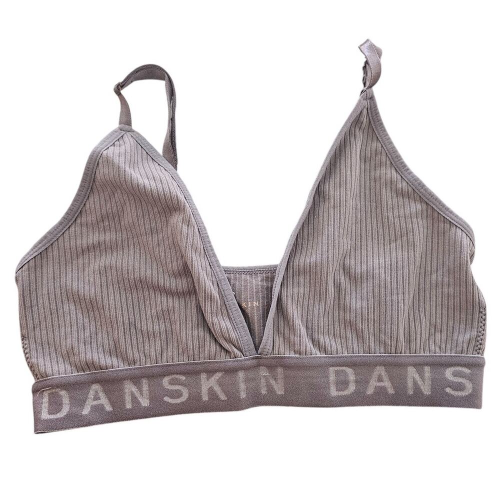 Danskin Intimates Womens Sz M V Neck Bralette Bra Gray Purple Ribbed